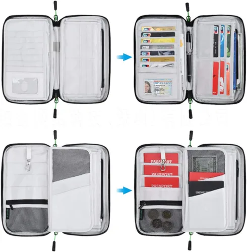 Miniatura 6 de Cartera de viaje RFID para pasaporte familiar, organizador de documentos impermeable con cremallera y correa de muñeca extraíble, Rojo, Elegante