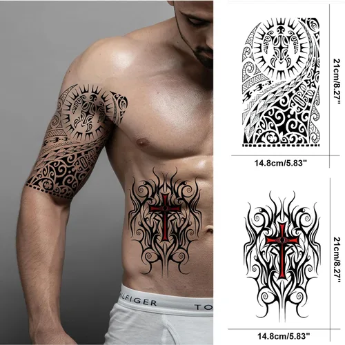 Miniatura 5 de Tatuaje temporal tribal para hombres de media manga, gran realista tortuga hawaiana polinesia, tatuaje falso adulto adolescente, tótem de dragón