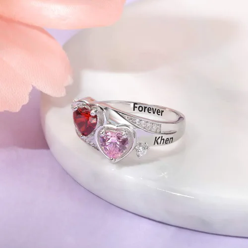 Miniatura 5 de Anillo de plata de ley con piedras de nacimiento, anillos de piedra natal personalizados para mujeres, mamá, nombres grabados, anillos de promesa