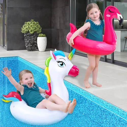Miniatura 9 de Paquete de 2 flotadores inflables de flamenco y unicornio para niños de 3 a 8 años, flotadores divertidos, balsas, tubos de piscina, decoraciones