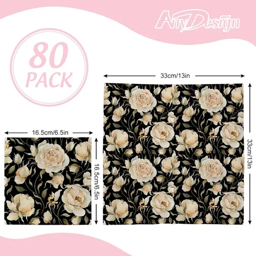 Miniatura 2 de Paquete de 80 servilletas de almuerzo florales rosas retro, peonías de rosas negras, servilletas de papel desechables decorativas vintage