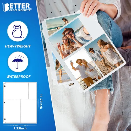 Miniatura 7 de Better Office Products Hojas de repuesto para álbum de fotos, formato mixto de 4 x 6 pulgadas, peso pesado, 3 anillos transparentes de diamante, 600