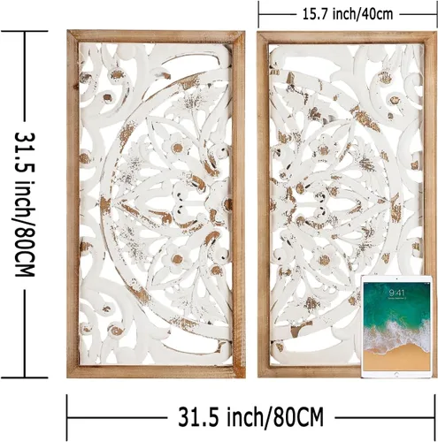 Miniatura 2 de XIAOAIKA Arte de Pared Tallado Boho, Paneles Blancos Envejecidos Antiguos de 31.5 Pulgadas, Escultura Decorativa Tallada a Mano para Sala de Estar
