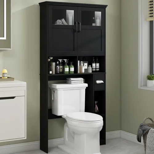 Miniatura 18 de Vabches Armario de almacenamiento sobre el inodoro con puertas dobles, soporte para papel higiénico y estante ajustable, ahorro de espacio Gris