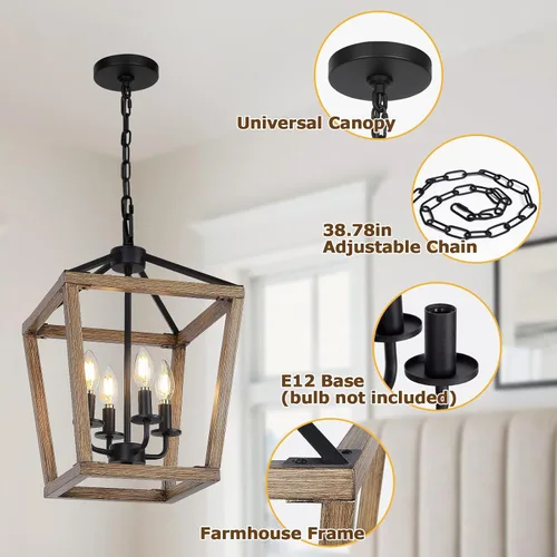 Miniatura 4 de Lámpara de araña de granja de 4 luces, lámpara de techo rústica tipo linterna con jaula de metal pintado de madera y cadena ajustable, luminaria