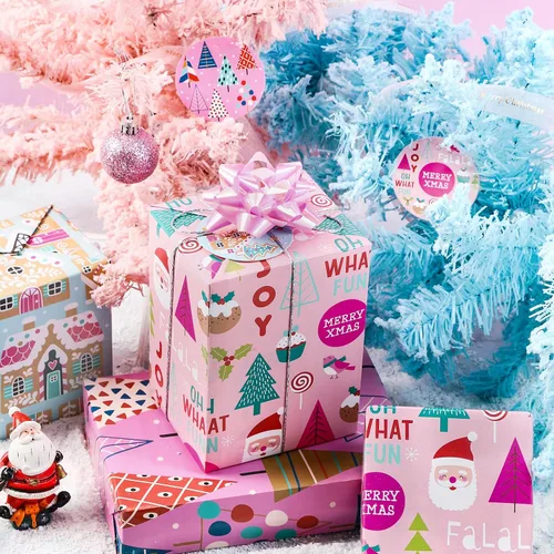Miniatura 6 de WRAPAHOLIC Hoja de papel de regalo de Navidad, 12 hojas de diseño de árbol de Navidad rosa y casa, plegada plana con 12 etiquetas de regalo