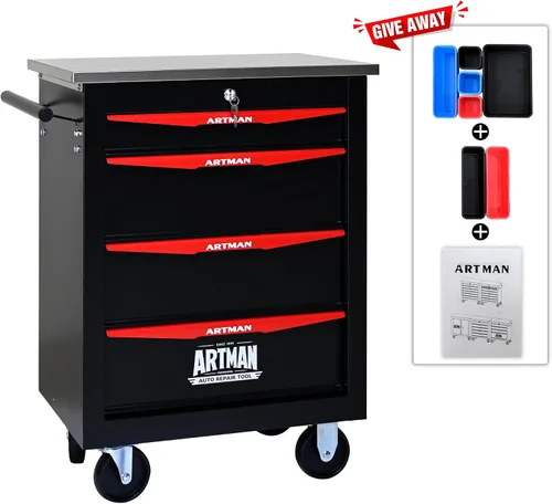 Miniatura 6 de Runboll Caja de Herramientas Rodante de 4 Cajones con Casillero, Carro de Herramientas de Metal Móvil con Cerradura de 22.2" de Profundidad, Caja