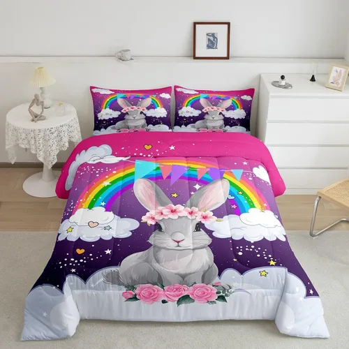 Miniatura 15 de Erosebridal Juego de edredón arcoíris para niños y niñas, bonito juego de ropa de cama de llama tamaño individual, juegos de edredón de alpaca