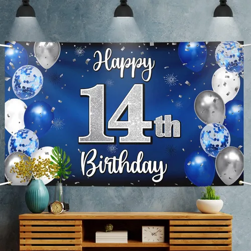Miniatura 5 de Decoraciones de Feliz Cumpleaños Número 14, Globo Azul y Plateado Grande Pancarta de Fondo Letrero de Cumpleaños, Brindis por Catorce Años 14th
