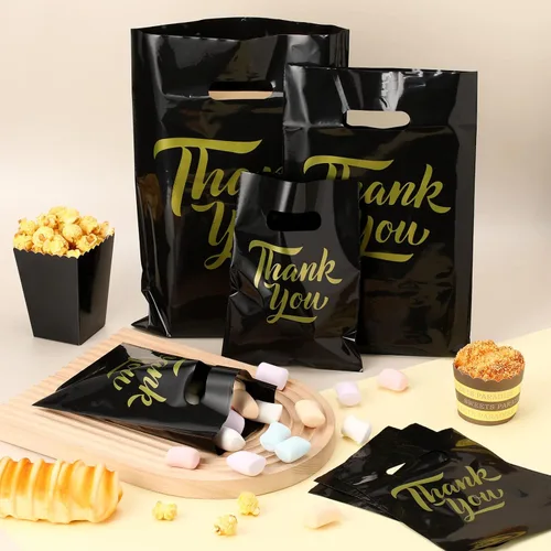 Miniatura 4 de Jeyiour 300 bolsas de mercancía de agradecimiento de 3 tamaños, bolsas de compras para negocios con asas, regalo de agradecimiento, bolsas de Negro