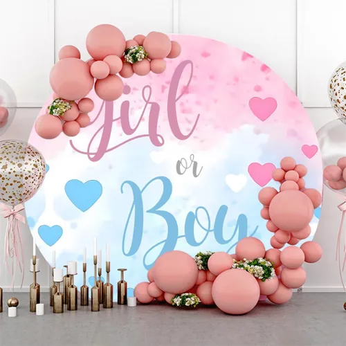 Miniatura 8 de YongFoto Telón de fondo redondo de revelación de género para niño o niña, de 3 x 3 pies, nubes azules y rosadas, para baby shower, fondo
