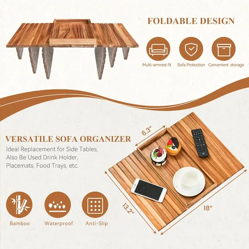 Miniatura 3 de GEHE Bandeja de madera de acacia para sofá, mesa auxiliar plegable para el brazo del sofá, mesa auxiliar con reposabrazos anticaídas, soporte