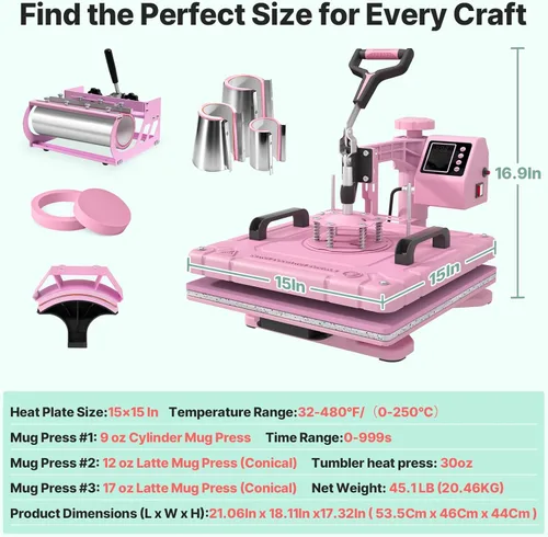 Miniatura 8 de Slendor - Máquina de prensa de calor 8 en 1, 15x15 pulgadas, giro de 360 grados, prensa digital para camisetas, máquina multifunción de Rosa