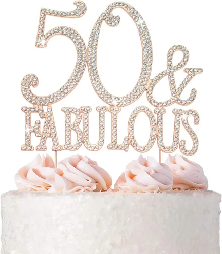 Decoración de 50 tartas – Metal de oro rosa de alta calidad – 50 y fabuloso – Decoración brillante de diamantes de imitación para fiesta de