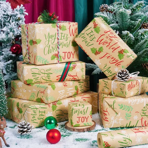 Miniatura 7 de Rollo de papel de regalo de Navidad, rollo de papel kraft vintage, 17 pulgadas x 49 pies, copos de nieve, hojas/bayas de acebo, papel de regalo