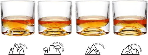 Miniatura 5 de LIITON Juego de 4 vasos de whisky para el Día del Padre, American Peaks, de cristal grueso y pesado 3D, copas de cóctel y bourbon de montaña