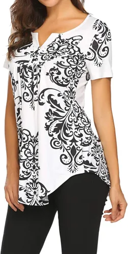 Miniatura 2 de Blusón plisado de manga corta con estampado floral y cuello Henley en V para mujer, con vuelo.