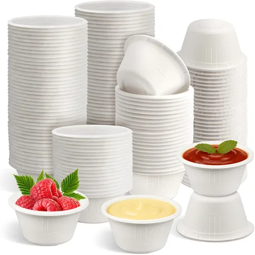 Miniatura 11 de LeonBach Paquete de 100 cuencos de fibra de bagazo natural de 2 onzas, vasos de papel desechables para microondas, muestra segura, aperitivos, Marrón