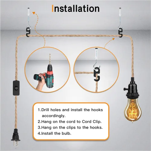 Miniatura 5 de Kit de luces colgantes de 16.5 pies, luces colgantes con cable de enchufe e interruptor, lámpara colgante de cuerda de cáñamo E26, cable de linterna