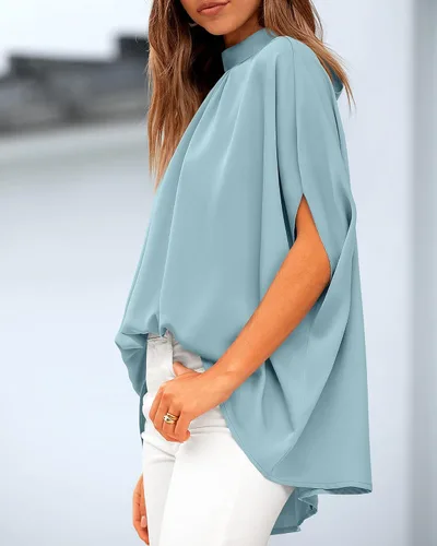 Miniatura 7 de BTFBM Blusas de verano para mujer, cuello alto falso, manga murciélago, holgadas, dobladillo alto y bajo, blusas informales de gran