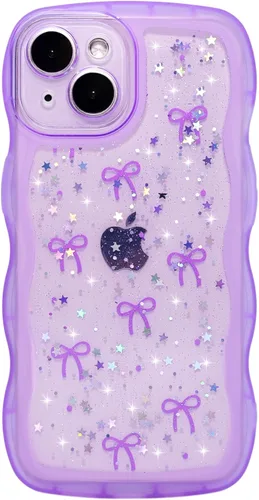 Miniatura 44 de Qokey Funda para iPhone 12 Pro Max de 6.7 pulgadas, diseño de onda rizada, borde transparente, brillante con purpurina, estrella brillante, bonita