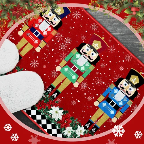 Miniatura 6 de Tradder Tapete de cascanueces de Navidad, lavable, antideslizante, diseño de copos de nieve rojos de soldado, pascua, tapete para puerta de porche