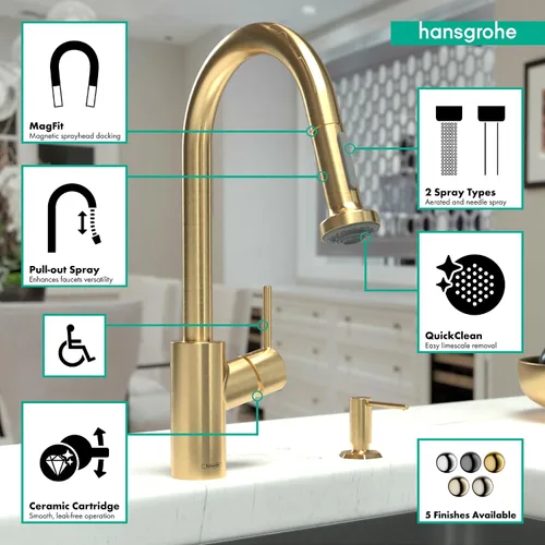 Miniatura 3 de hansgrohe Talis 14877251 - Grifo de cocina de arco alto dorado S² con rociador extraíble, grifo para fregadero de cocina, cabezal rociador