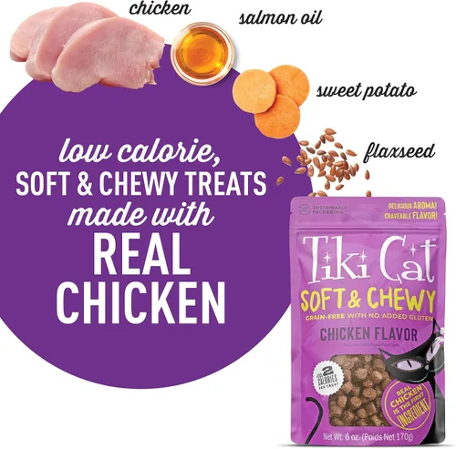 Miniatura 4 de Tiki - Golosinas suaves y masticables para gatos, sabor a pollo, 3 calorías por golosina sin granos y sin gluten añadido, bolsa de 6 onzas