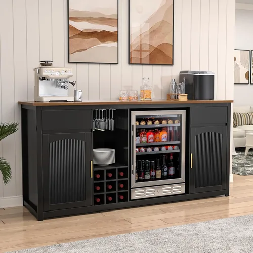 Miniatura 11 de GDLF Armario grande para barra de café con espacio para refrigerador, mini gabinete para refrigerador con almacenamiento de vino, mesa de aparador