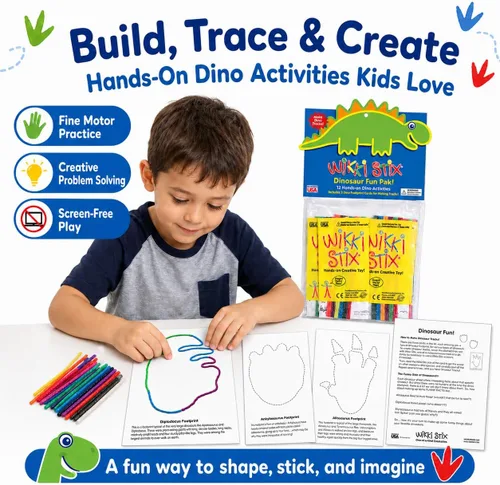 Miniatura 6 de WikkiStix - Recuerdos de fiesta de dinosaurios para niños, 13 paquetes individuales de actividades de dinosaurios con 144 Wikki Stix, tarjetas