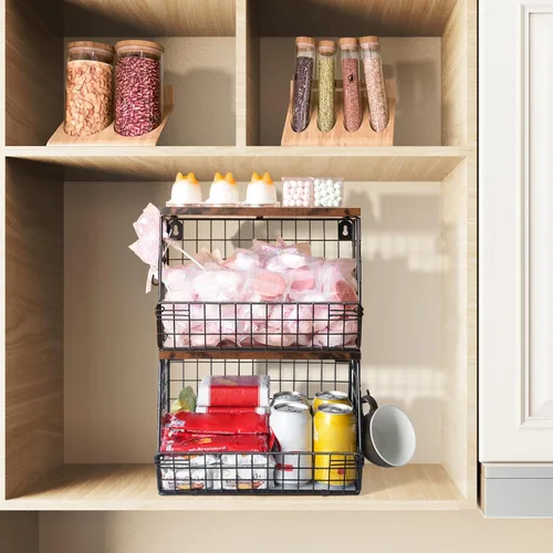 Miniatura 4 de Mefirt 2 cestas de frutas para almacenamiento de cocina con tapa de madera, cesta de pared apilable para cocina, organizador de encimera para Marrón