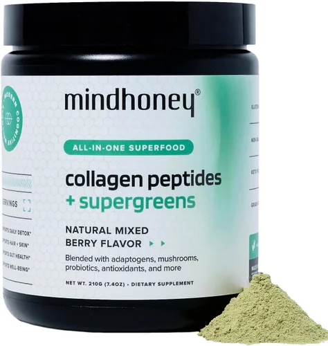 MINDHONEY | Péptidos de colágeno + súper verdes | Polvo de superalimento todo en uno de primera calidad | Salud intestinal, desintoxicación, cabello