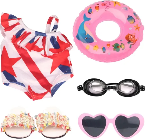 Miniatura 7 de MSYO Conjunto de traje de baño de playa de muñeca de 18 pulgadas, traje de baño patriótico de estrellas y rayas con lentes de sol, gafas
