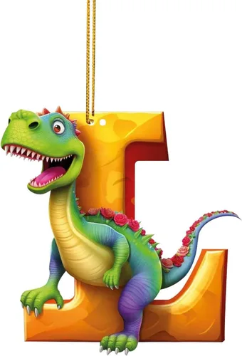 Miniatura 15 de Adorno de Navidad personalizado de dinosaurio de 26 letras, adornos colgantes 2023, monograma inicial de plástico, decoraciones de árbol de Navidad