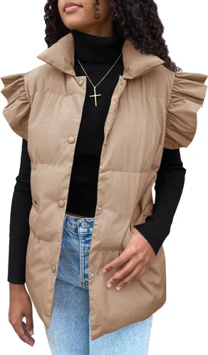 Miniatura 4 de Meyhad Chaleco acolchado de manga con volantes para mujer, chaleco acolchado sin mangas