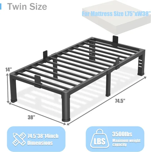 Miniatura 3 de Yitong Angel - Base de cama individual de 14 pulgadas con patas de esquinas redondeadas y agujeros para cabecero, con tope deslizante para colchón