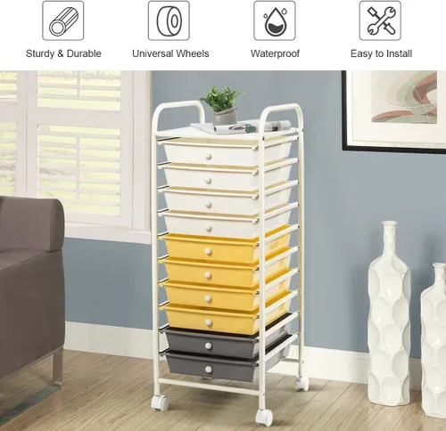 Miniatura 6 de Giantex - Carro de almacenamiento con ruedas, 10 cajones, organizador para papelería, oficina o escuela (Beige+Amarillo+Gris)