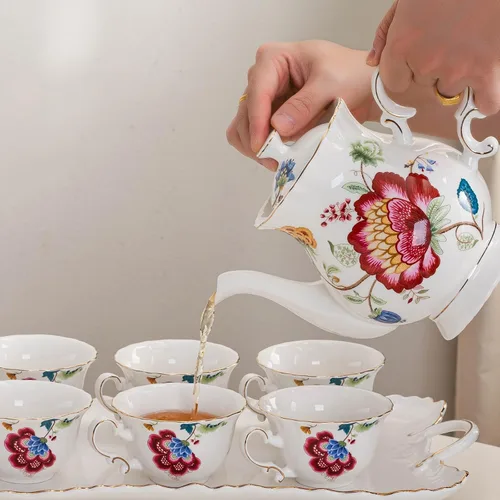 Miniatura 7 de Tetera de flores de cerámica de estilo europeo, olla de café, olla de agua, regalo de porcelana, grande, 5.5 tazas (1, azul y rojo)