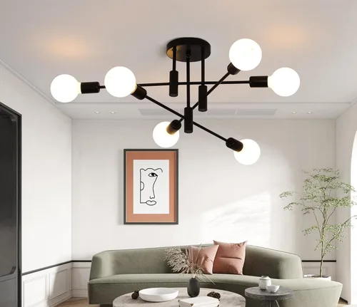 Miniatura 15 de Garwarm Paquete de 2 lámparas de techo Sputnik de montaje industrial semiempotrado de 4 luces, lámpara Sputnik moderna negra y dorada para porche