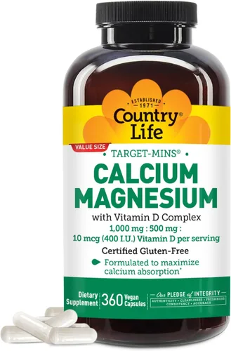 Miniatura 10 de Country Life Target-Mins - Calcio y magnesio con complejo de vitamina D, 1000 mg/500 mg/10 mcg, 120 cápsulas veganas, certificado sin gluten