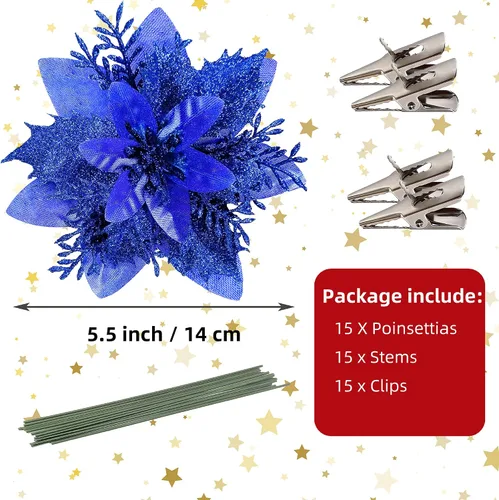 Miniatura 2 de 15 Piezas Flores de Navidad Artificiales Decoraciones de Flor de Pascua con Clips y Tallos, Decoraciones de Flor de Pascua de Navidad con Purpurina