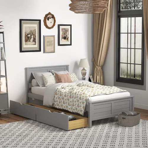 Miniatura 3 de GOFLAME - Base de cama tamaño individual con 2 cajones, base de plataforma con cabecera y estribo de madera maciza, listones de madera para soporte