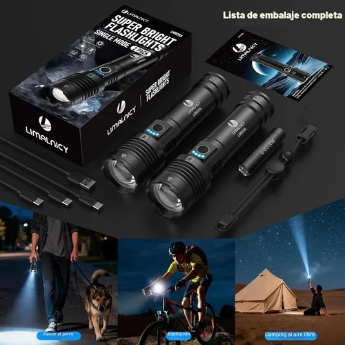 Miniatura 8 de Linternas recargables de alto lúmenes, 100.000 modos únicos, paquete de 2, superbrillantes y potentes LED de 30 W, larga duración de 12 horas