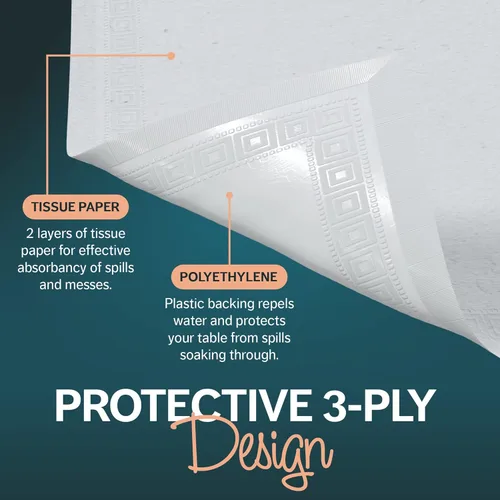 Miniatura 3 de Manteles de papel para mesas rectangulares 54 x 108 pulgadas – Paquete de 25 Mantel desechable de papel blanco 3 capas de papel y plástico