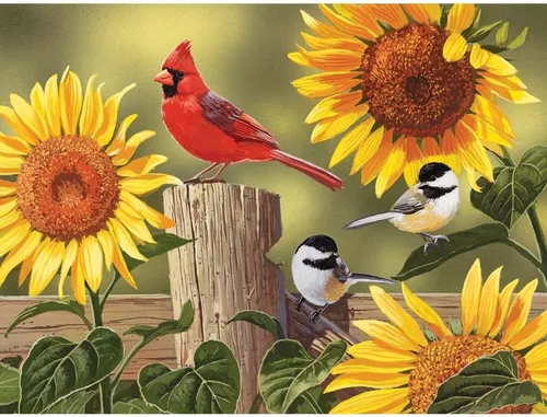 Miniatura 10 de Bits and Pieces Rompecabezas de 50 piezas para adultos - Girasol y pájaros cantores - Rompecabezas de cardenales por William Vanderdasson