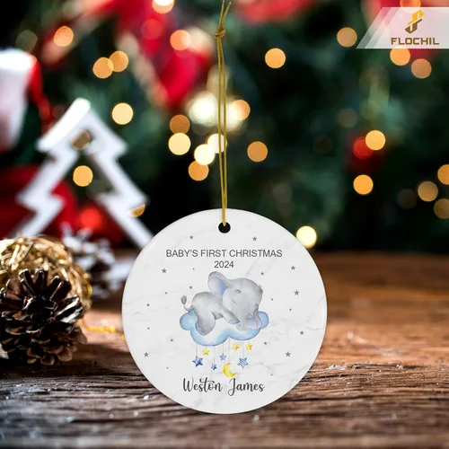 Miniatura 5 de FLOCHIL Adorno Personalizado de Primera Navidad del Bebé 2024 Niño, Adorno Colgante de Elefante de Porcelana Elefante 2