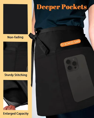 Miniatura 5 de Slohif Delantal Reversible de Servidor con 6 Bolsillos - Delantal de Cintura para Camarera Mujeres Delantal Corto de Media Porción Camarero