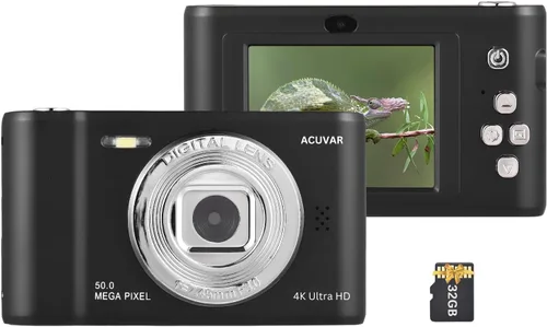 Acuvar Cámara digital, cámara FHD 1080P para niños, cámara de 50 MP para apuntar y disparar con zoom de 16X antivibración, cámara pequeña portátil