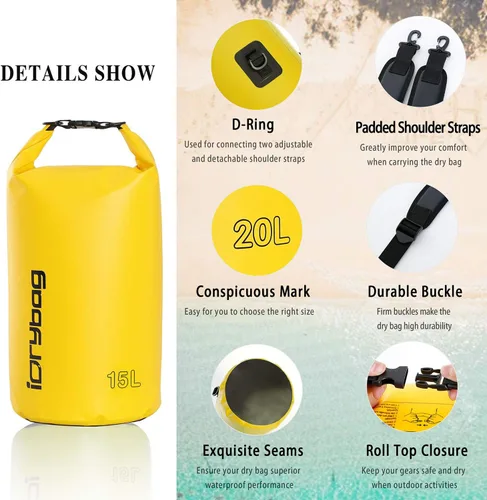 Miniatura 2 de IDRYBAG Bolsa seca para kayak impermeable 2L/5L/10L/15L/20L, pequeña bolsa impermeable para navegación Amarillo