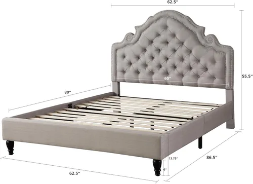 Miniatura 4 de HomeLife Premiere Classics 023 - Cama de plataforma con cabecero de tela gris claro y plateado, 51 pulgadas de alto, con listones